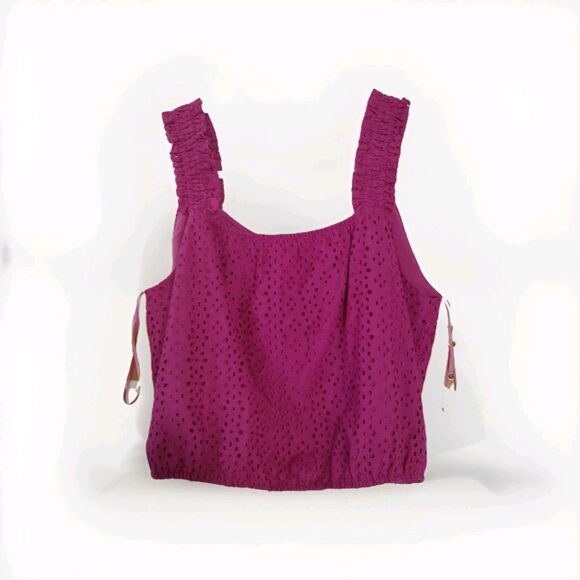 Leyden pink Eyelet Cropped Tank Top Elastic Waist And Straps Square Neck boho M - Picture 1 of 5
